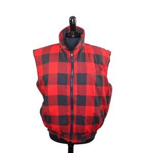 Vintage Branded Lion Plaid Vest Puffer Quilted Red Black Outdoors XL